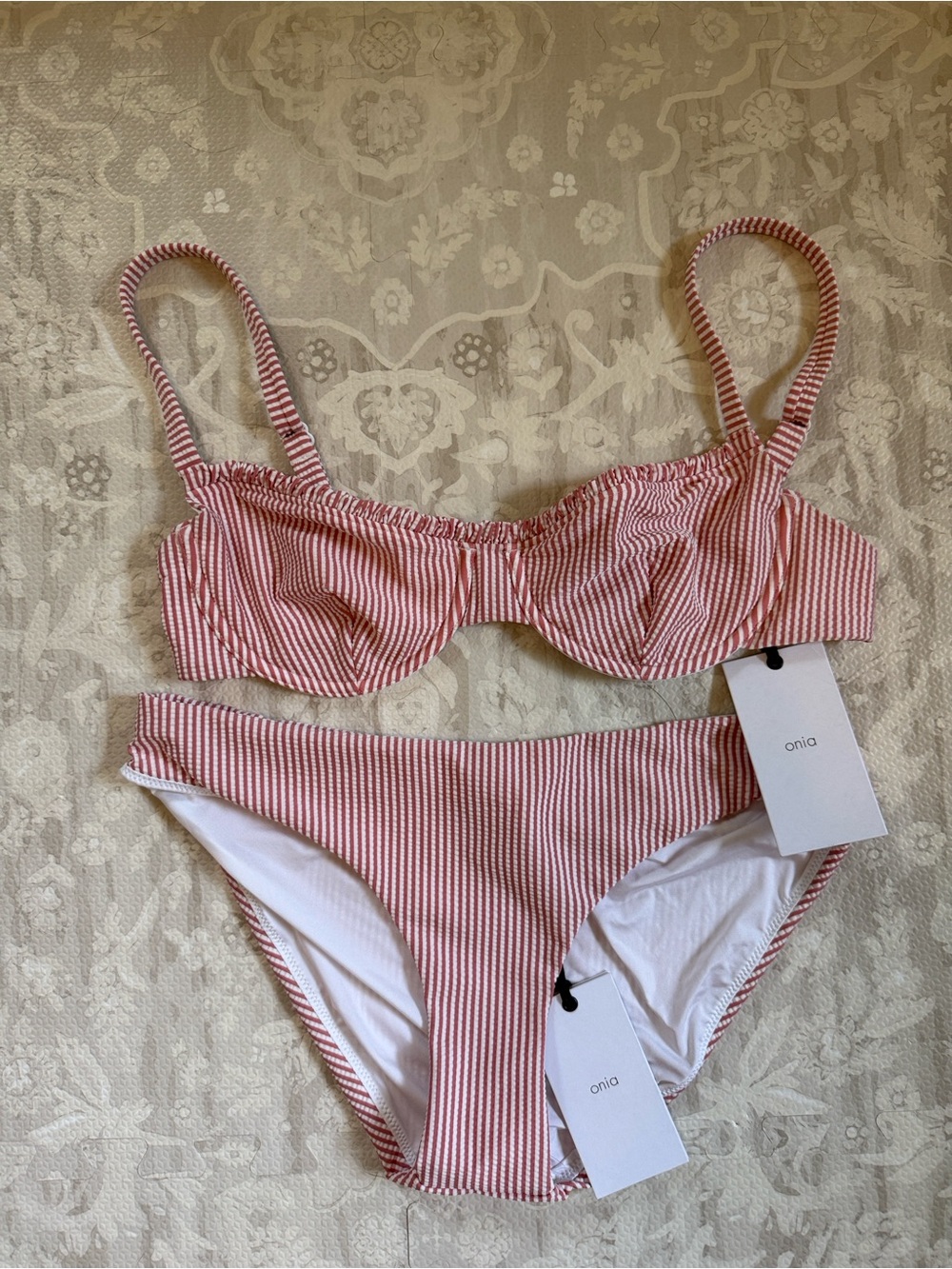 Onia Pink-Red Striped Seersucker Underwire Bikini Top